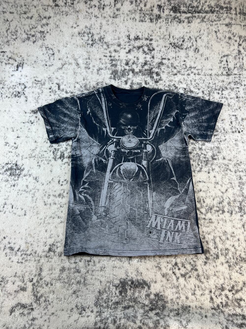 Vintage Miami Ink T-Shirt Mens S Black All Over Print Biker Skull Motorcycle Tee